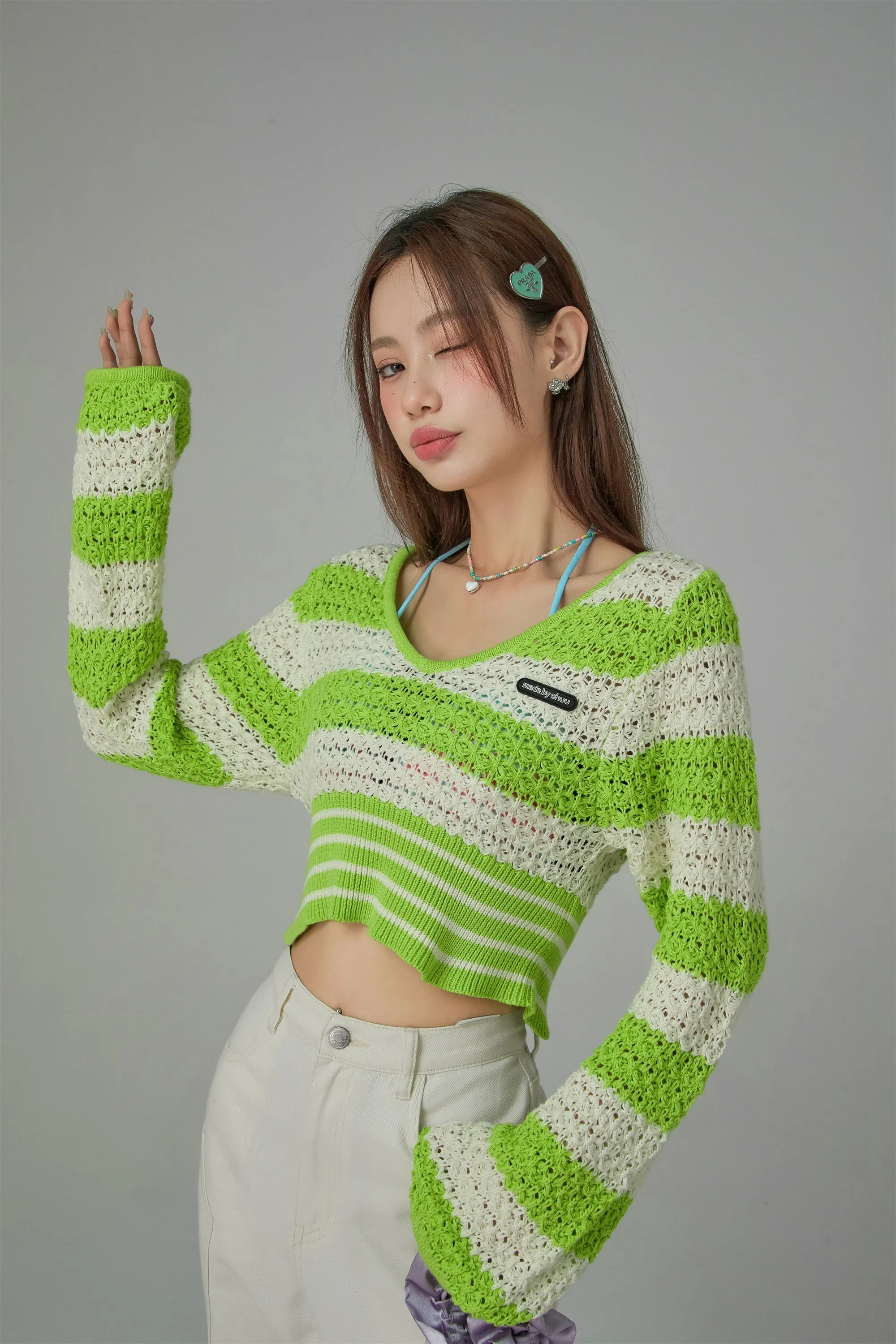 Striped V-Neck Knit Crop Sweater