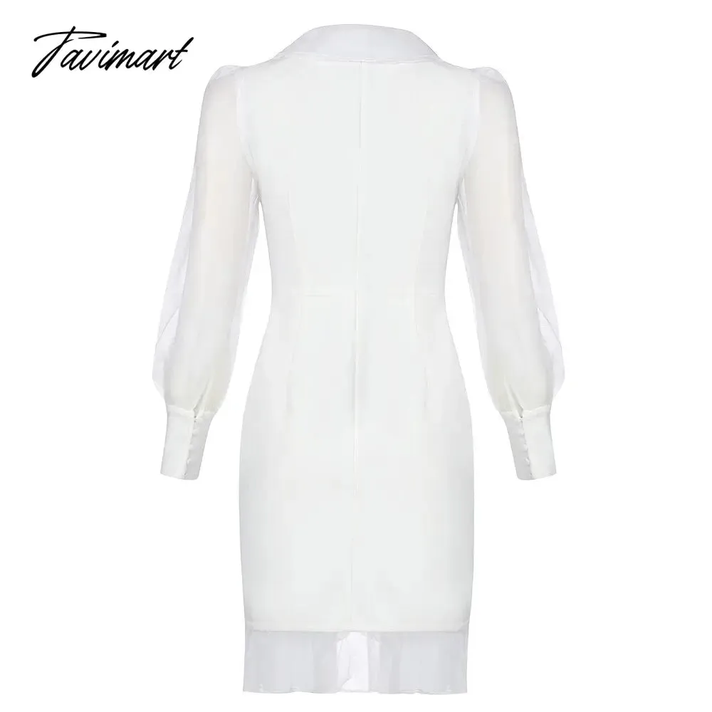 Tavimart New Autumn Women Mesh Long Sleeve Sexy V-Neck Bodycon Mini Dress Rayon Bandage Celebrate Evening Party Birthday Outfit