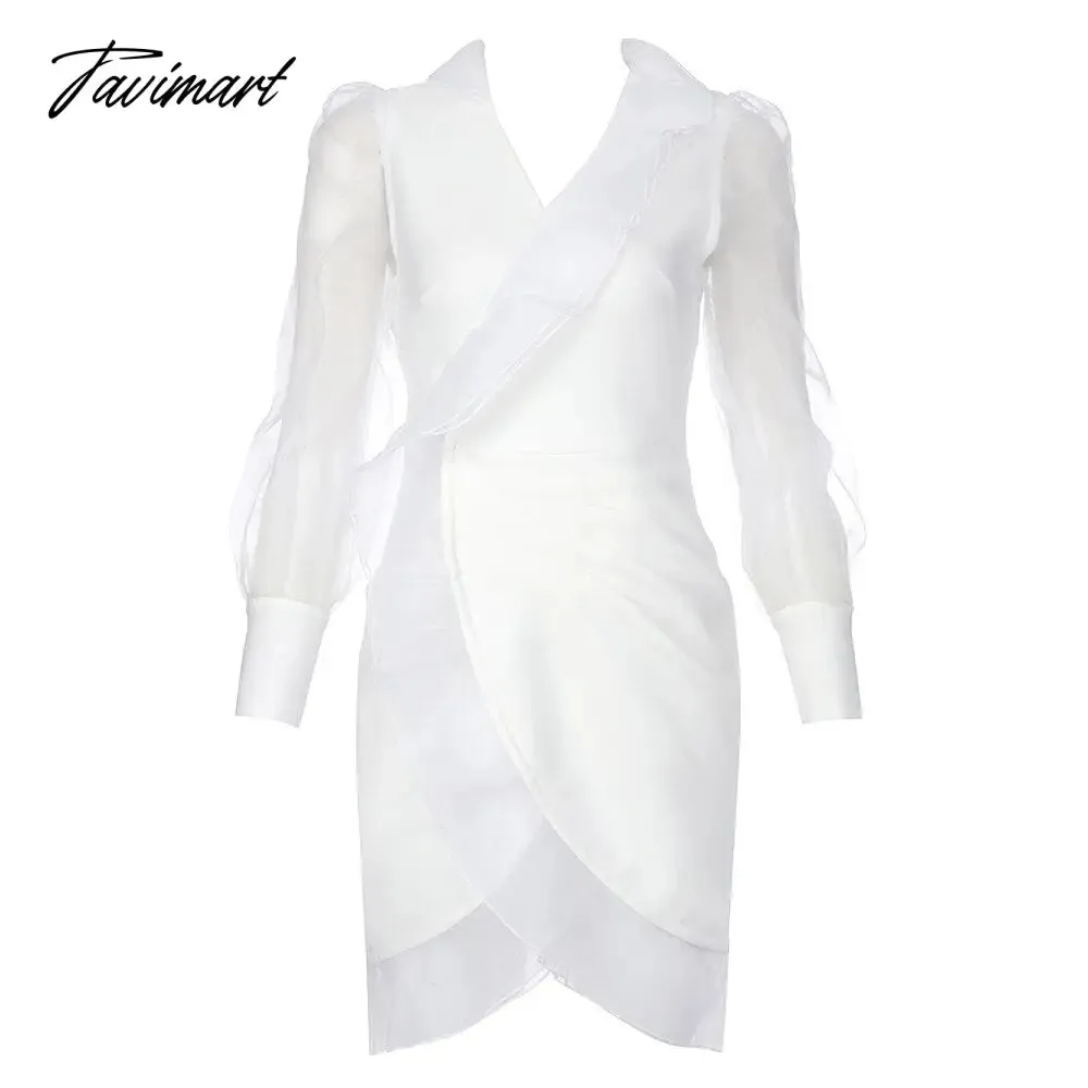 Tavimart New Autumn Women Mesh Long Sleeve Sexy V-Neck Bodycon Mini Dress Rayon Bandage Celebrate Evening Party Birthday Outfit