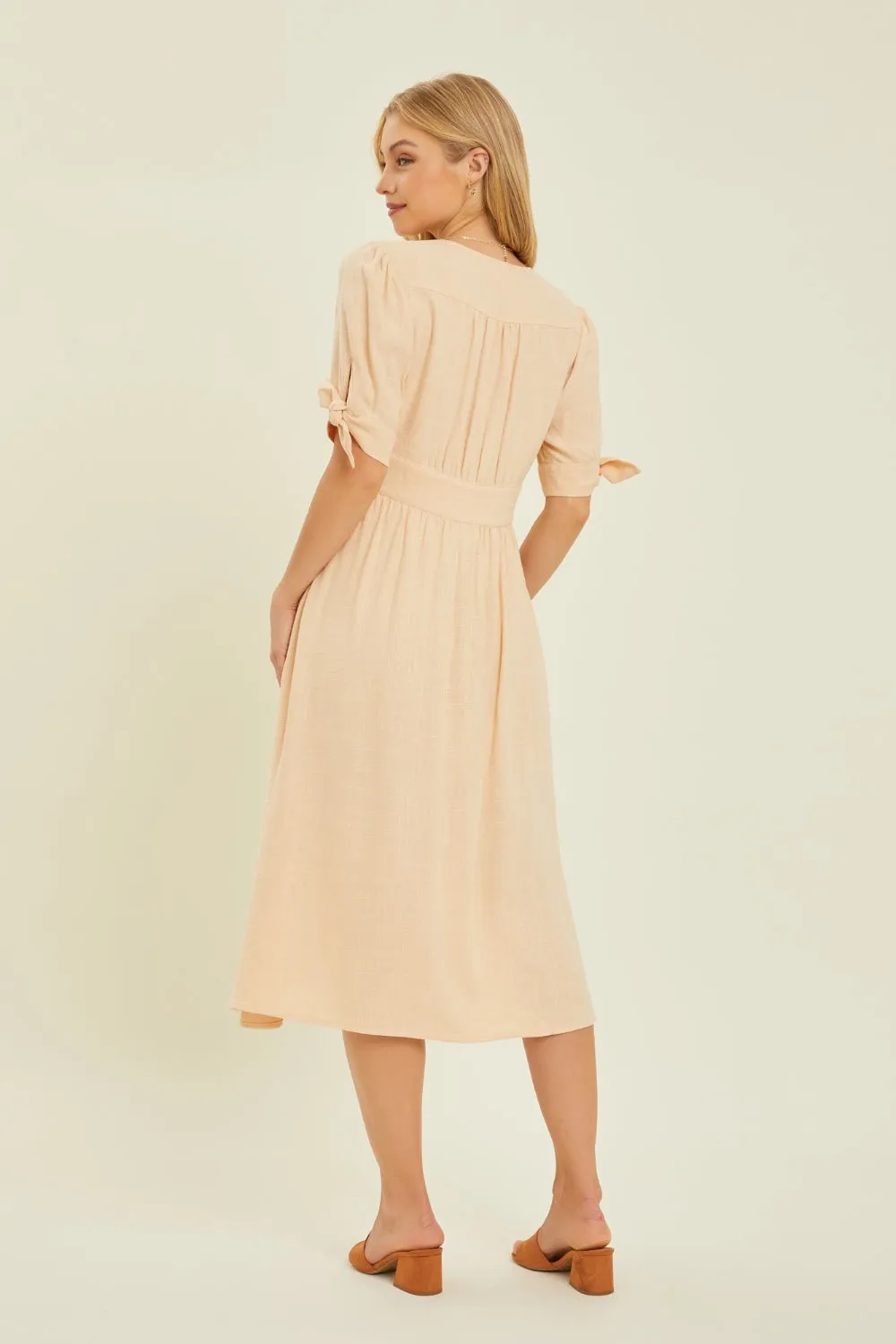 Textured Linen V-Neck Midi Dress