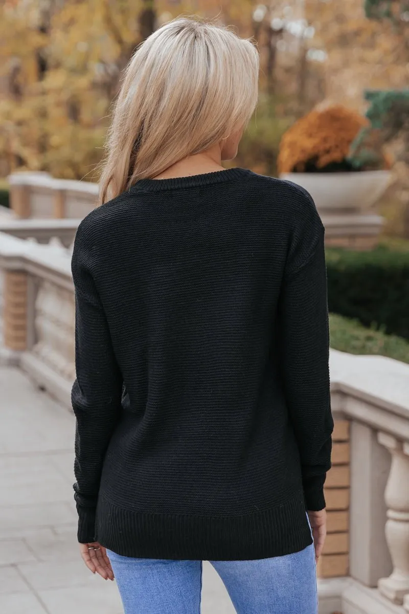 The Mini Waffle Texture Ribbed Knit Sweater - Black