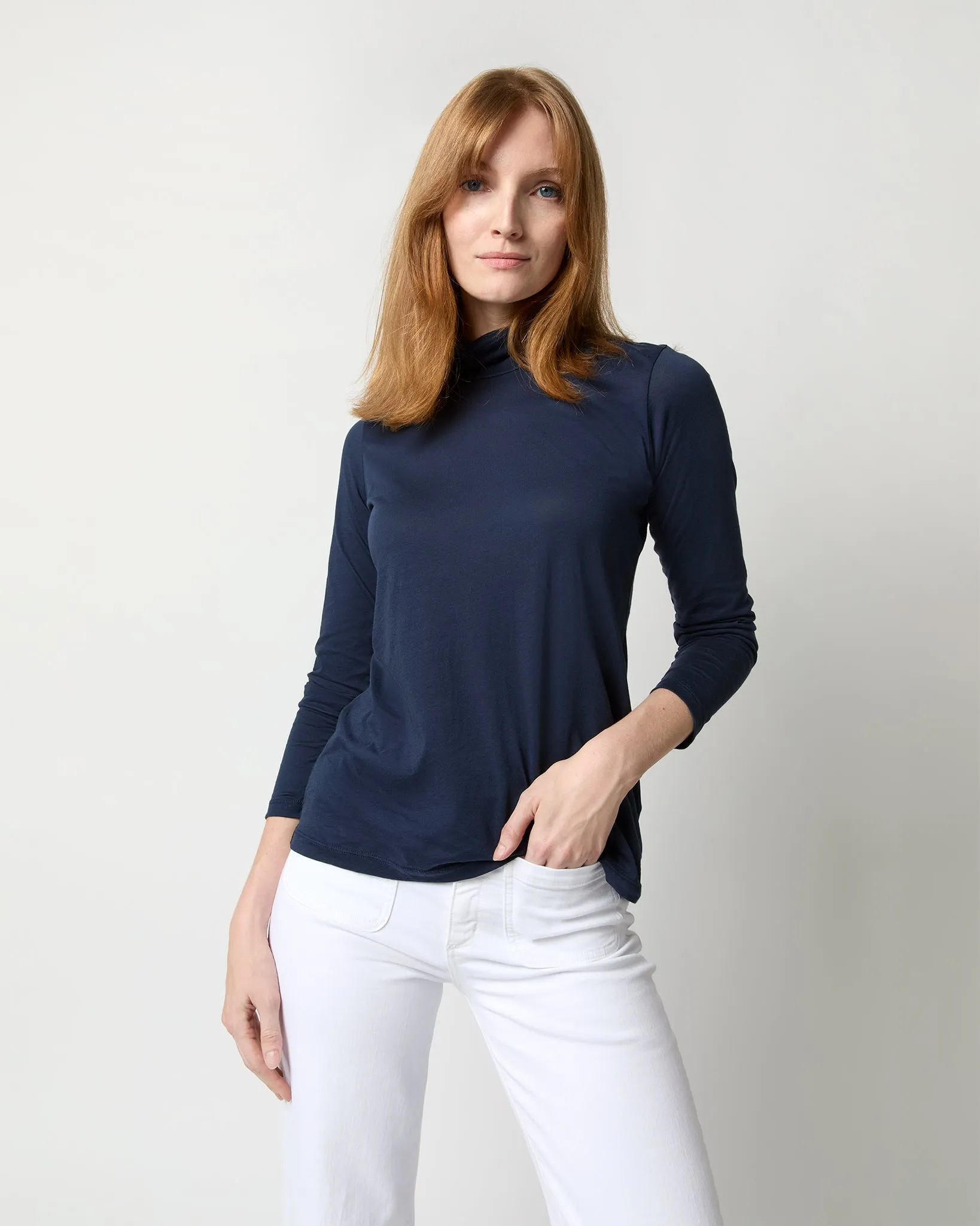 Turtleneck Tee in Navy Pima Cotton