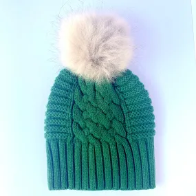 UP for ANYTHING 100% Pure Merino Wool Jumbo Cable & Fancy Rib Beanie with detachable Raccoon Fur Pom Pom, Rover