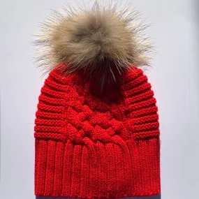 UP for ANYTHING 100% Pure Merino Wool Jumbo Cable & Fancy Rib Beanie with detachable Raccoon Fur Pom Pom, So Racy