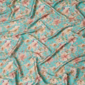 Vibrant Turquoise with Soft Floral Cotton Satin Fabric, 110 cm Width-20074