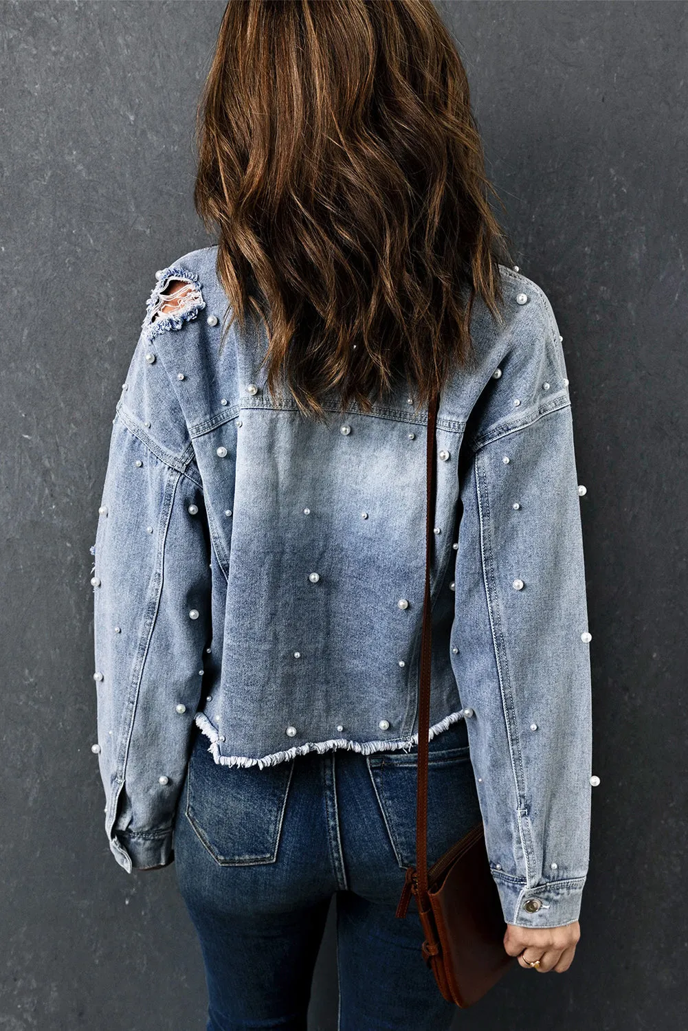 Wholesale Sky Blue Pearls Beading Cropped Denim Jacket