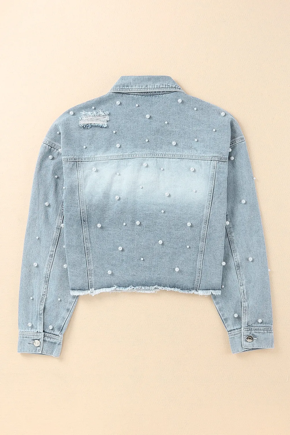 Wholesale Sky Blue Pearls Beading Cropped Denim Jacket