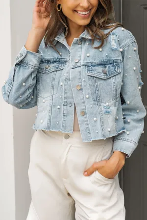 Wholesale Sky Blue Pearls Beading Cropped Denim Jacket