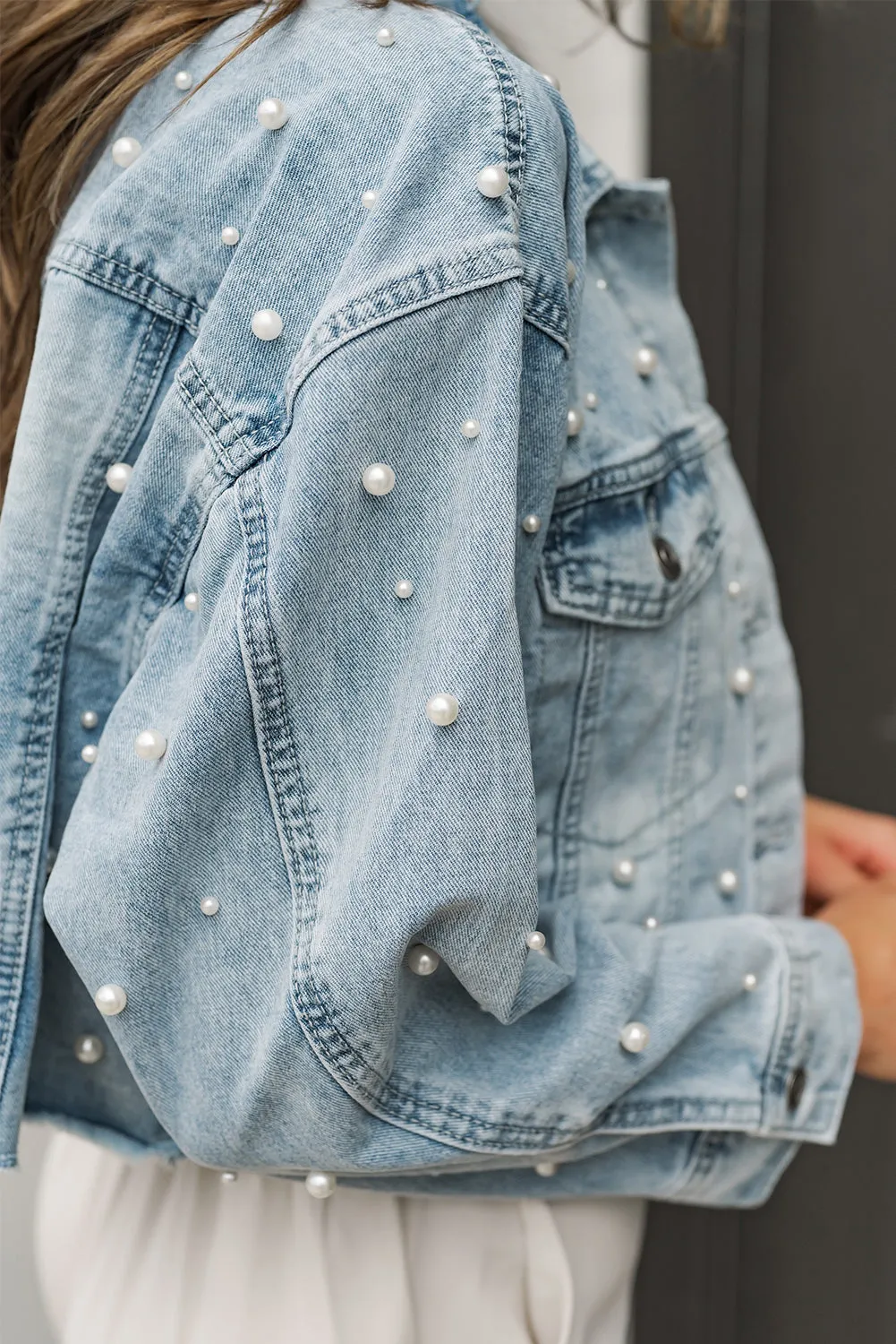 Wholesale Sky Blue Pearls Beading Cropped Denim Jacket