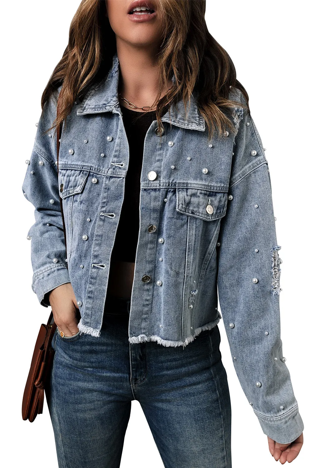 Wholesale Sky Blue Pearls Beading Cropped Denim Jacket