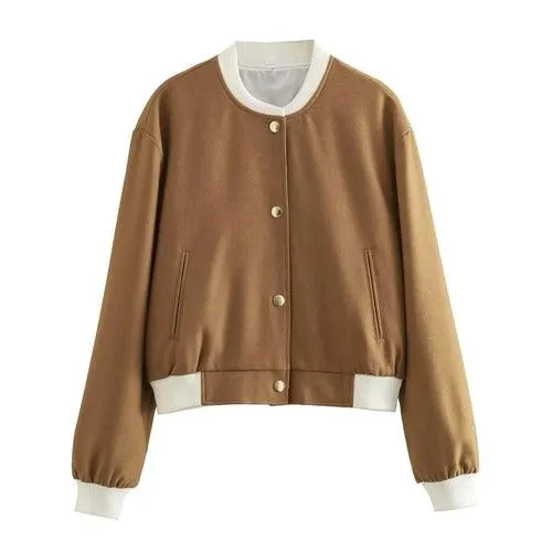 Women Bomber Jackets Coat Autumn Winter Single Breasted Camel Short