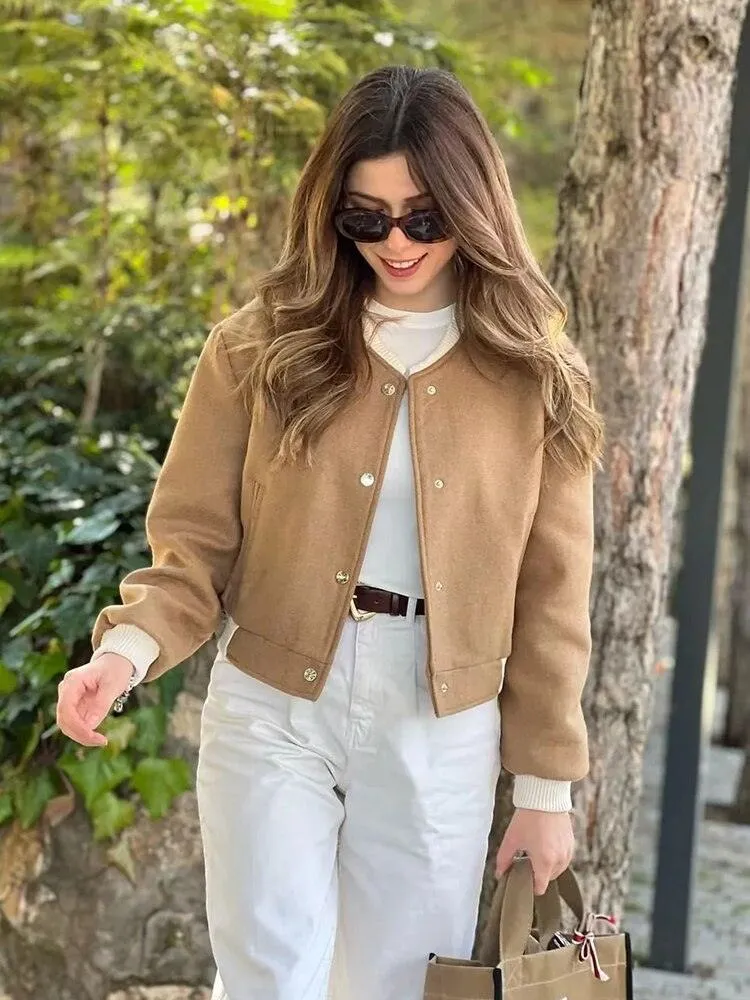 Women Bomber Jackets Coat Autumn Winter Single Breasted Camel Short