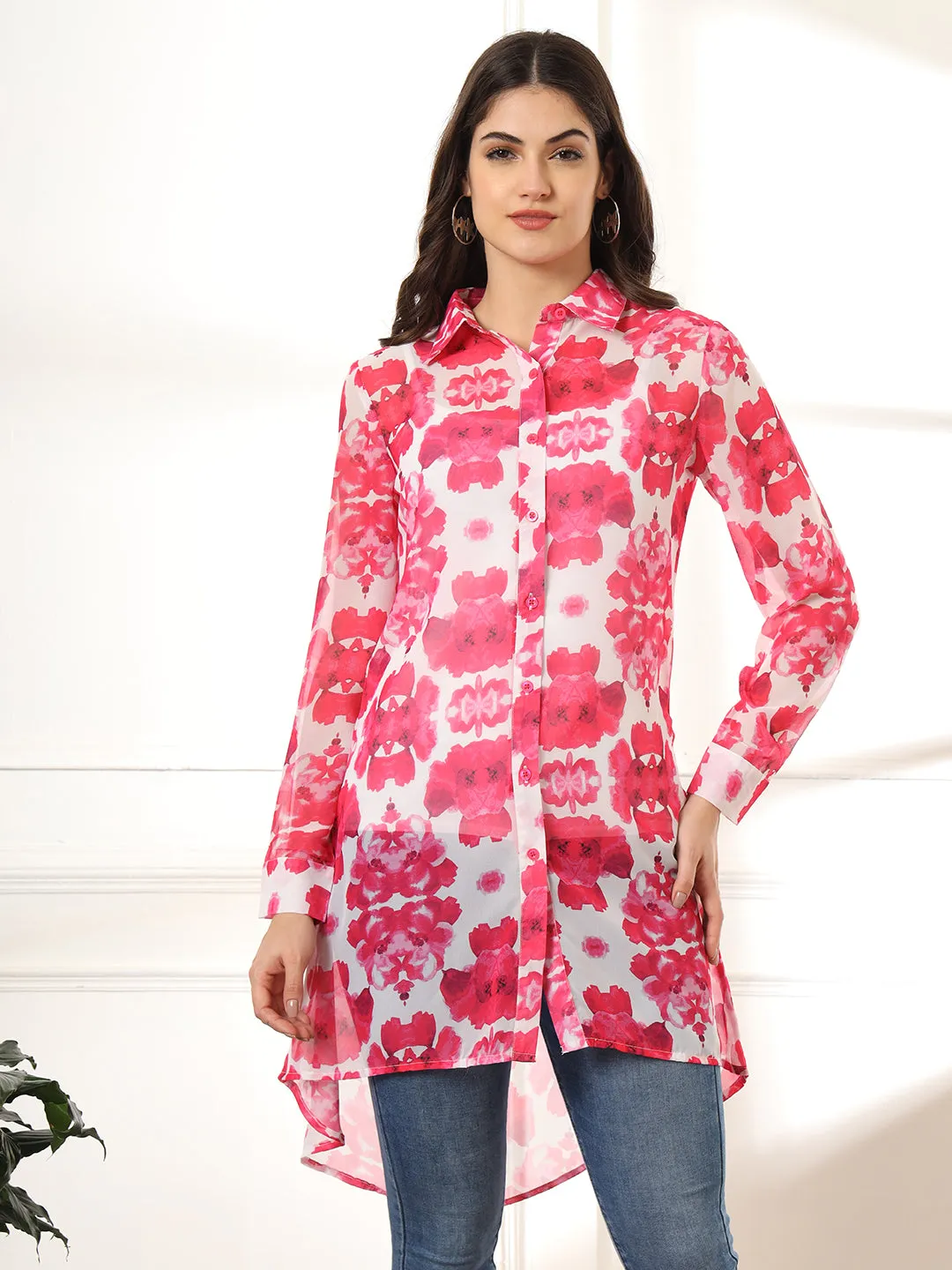 Women Classic Floral Semi Sheer Printed Casual Shirt