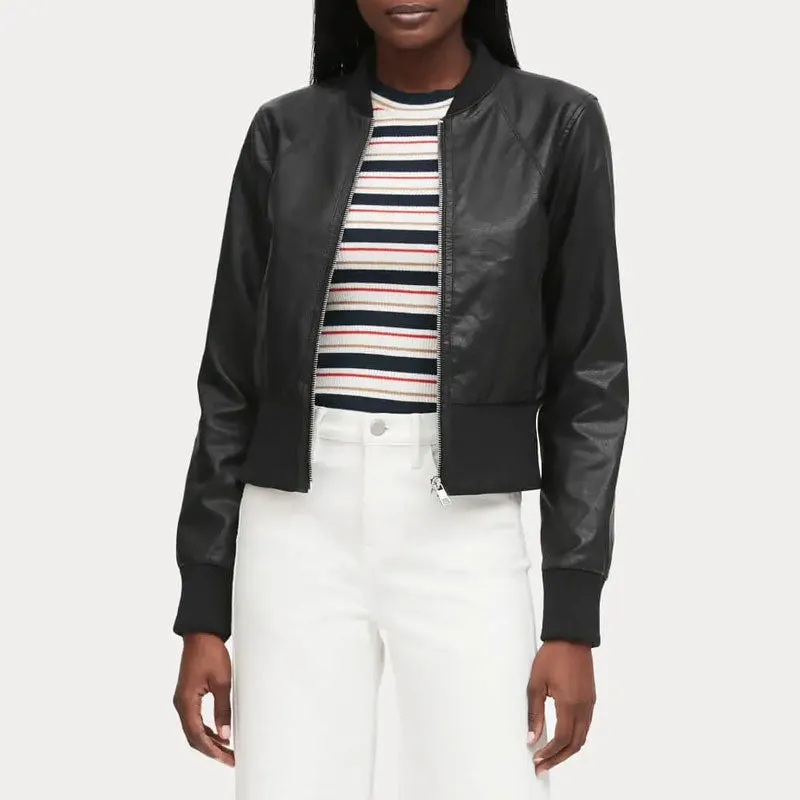 Women Cropped Ribbed Cuff Black Bomber Jacket