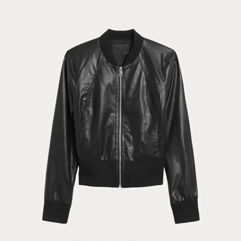 Women Cropped Ribbed Cuff Black Bomber Jacket