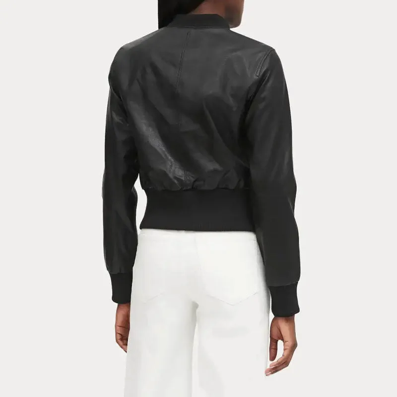 Women Cropped Ribbed Cuff Black Bomber Jacket