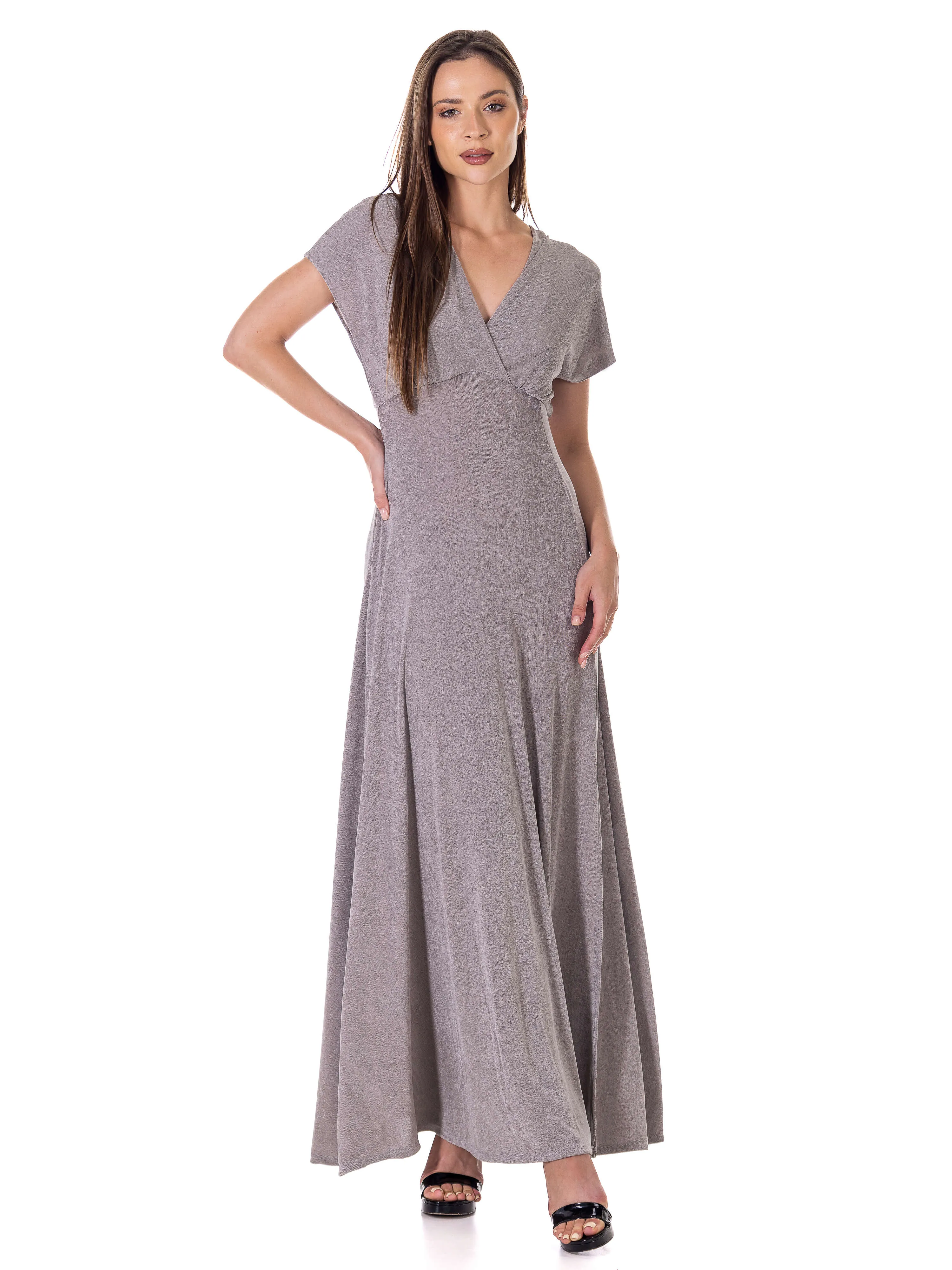 Womens Flutter Sleeve Metallic Knit Maxi Dress Front Slit Empire Waist