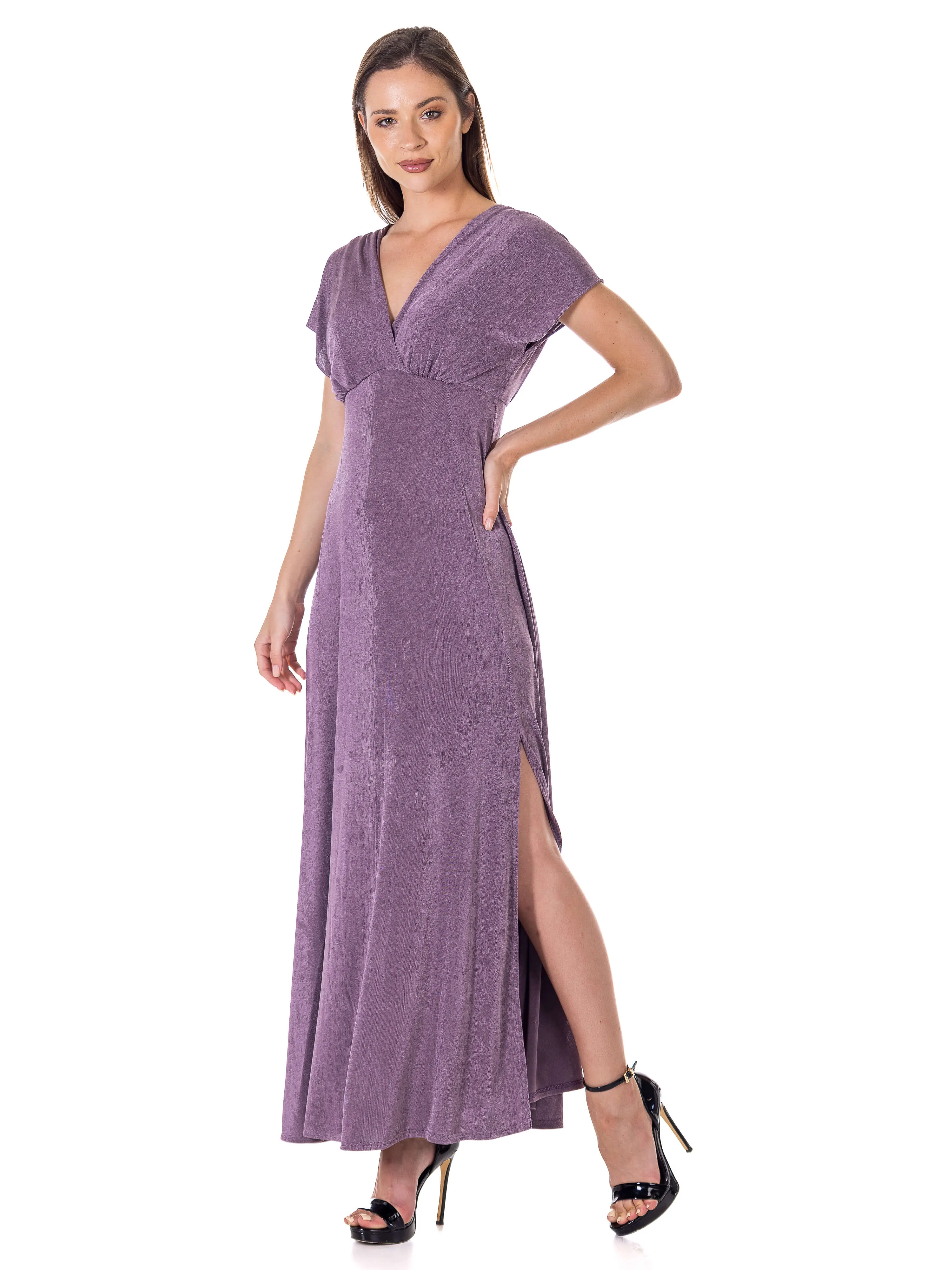 Womens Flutter Sleeve Metallic Knit Maxi Dress Front Slit Empire Waist