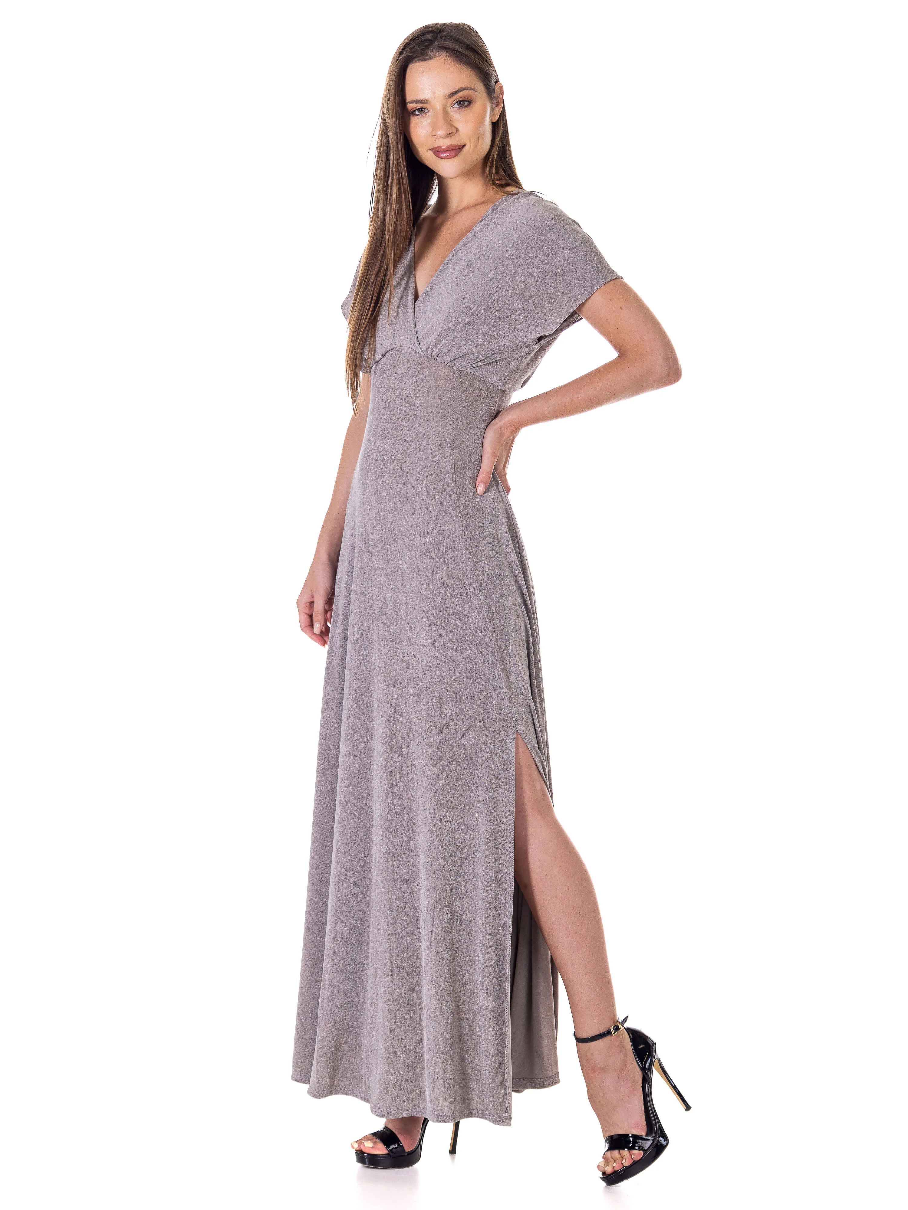 Womens Flutter Sleeve Metallic Knit Maxi Dress Front Slit Empire Waist