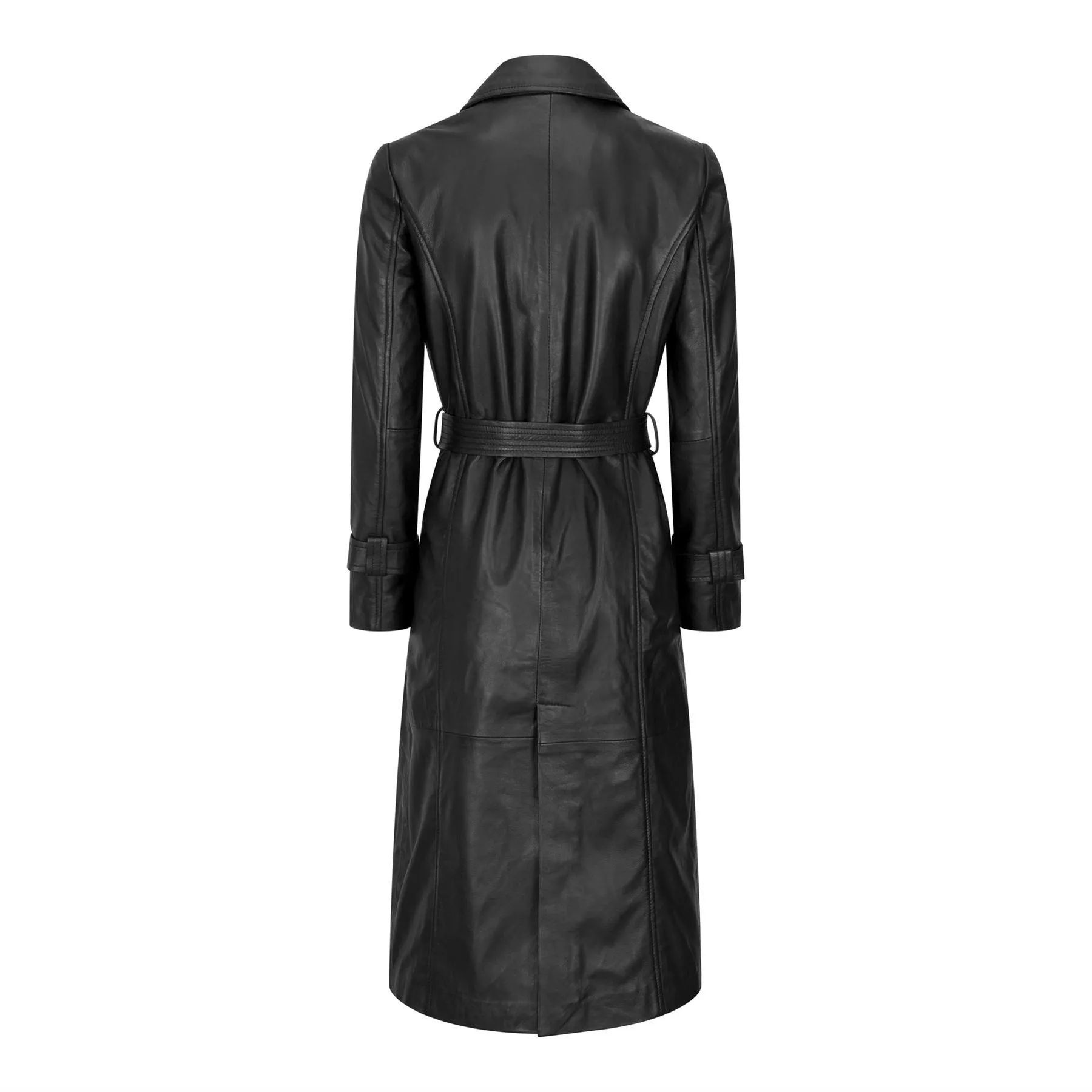 Womens Real Leather Trench Coat Mac Classic 3/4 Long Black 1980s Vintage Retro