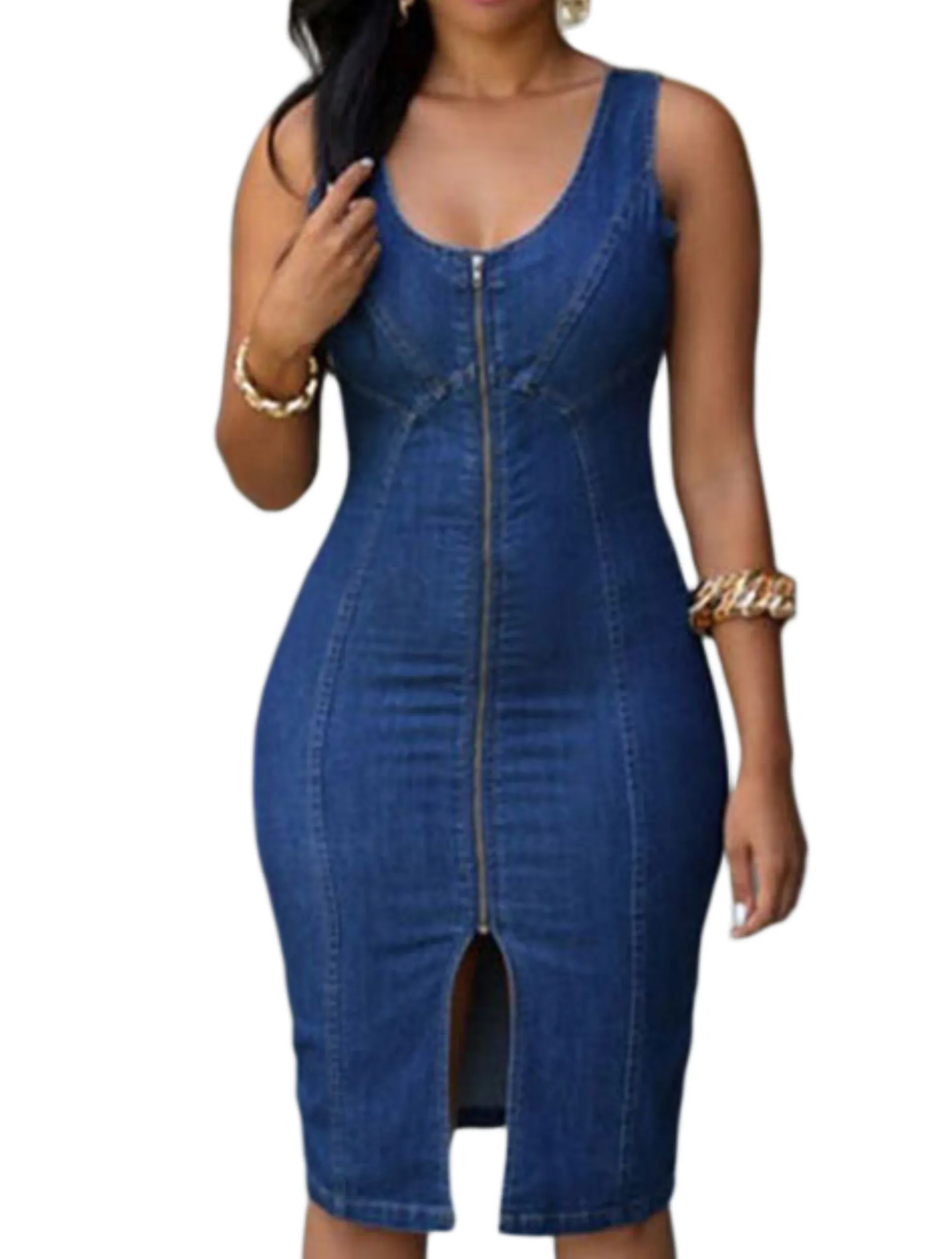 Women's Strap Zip Up Backless Sleeveless Bodycon Dark Blue Dress by Kaja Clothing - Kris Dress