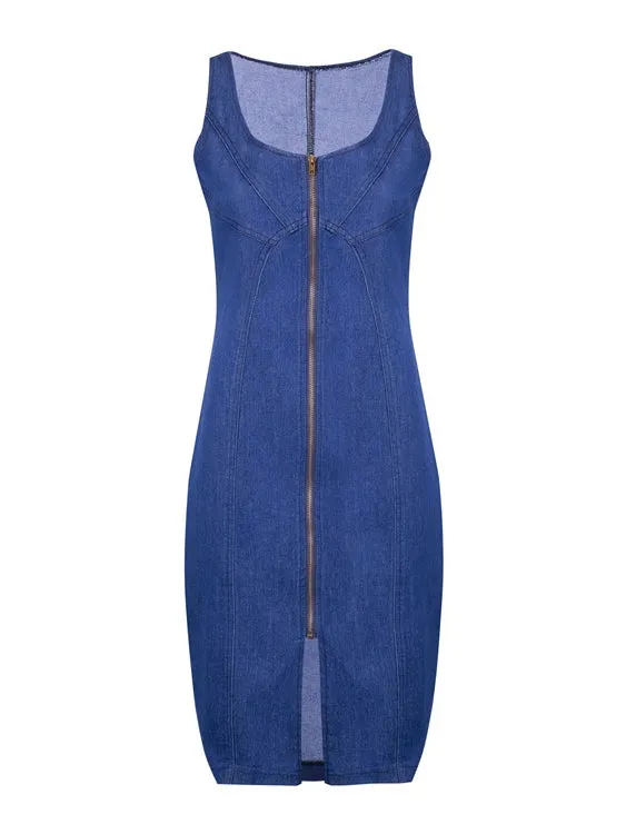 Women's Strap Zip Up Backless Sleeveless Bodycon Dark Blue Dress by Kaja Clothing - Kris Dress