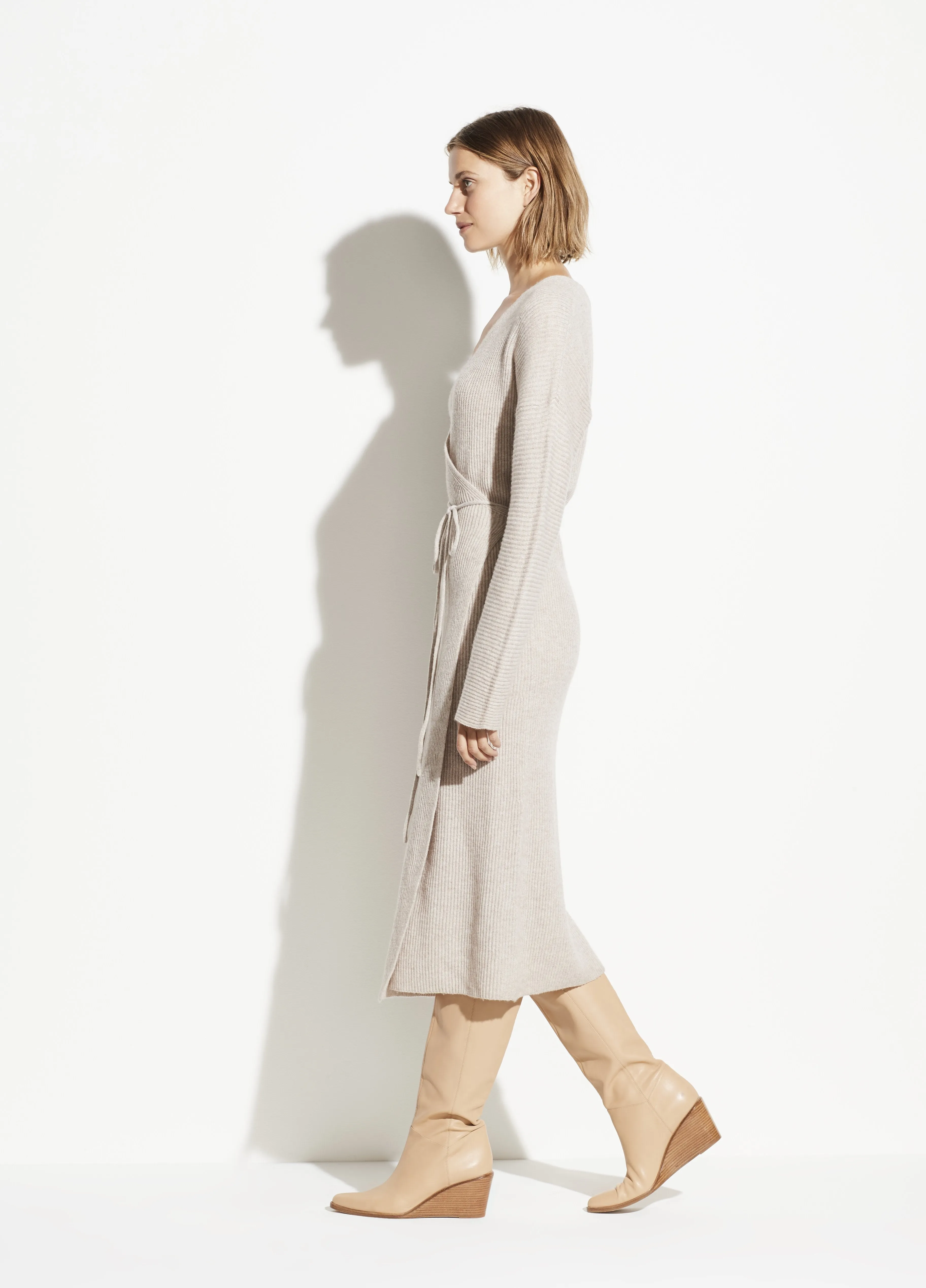 Wool Cashmere Ribbed Wrap Dress in Marble