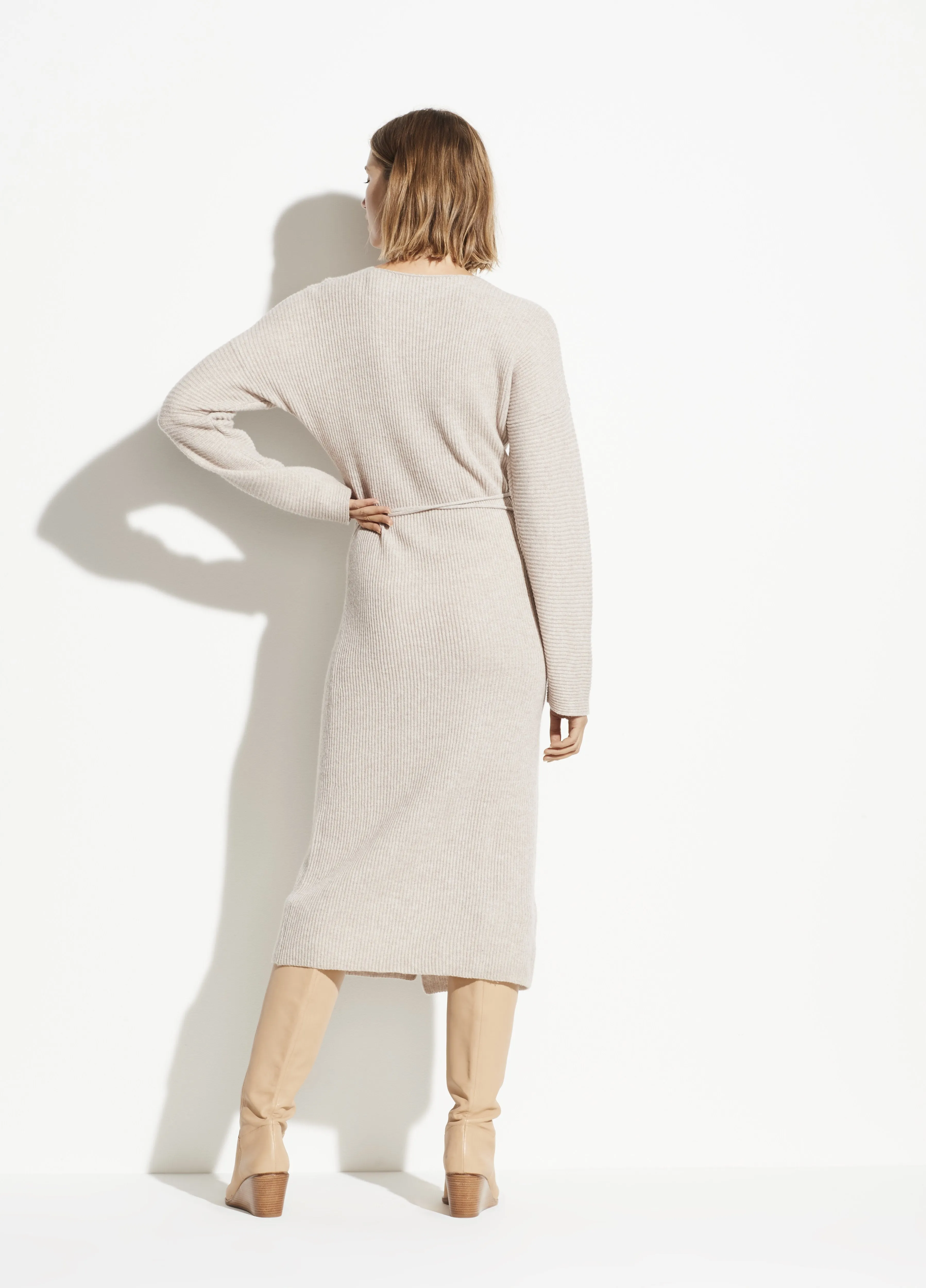 Wool Cashmere Ribbed Wrap Dress in Marble